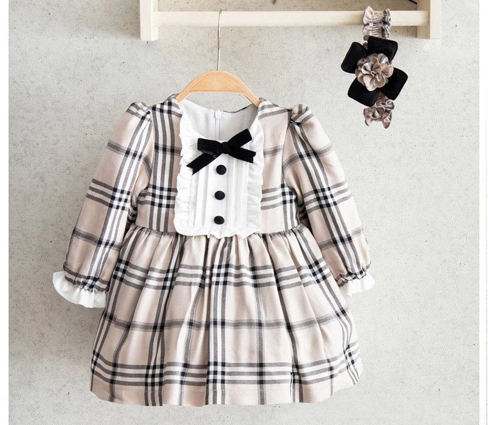 Baby Girl Checkered Dress with Bow and Headband