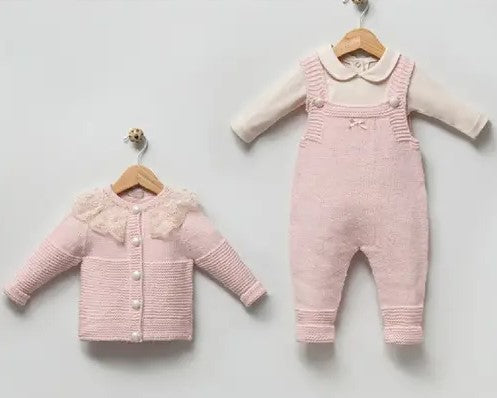 Cottonl&Wool Elegant Lace Detailed Collar Baby Salopet Set