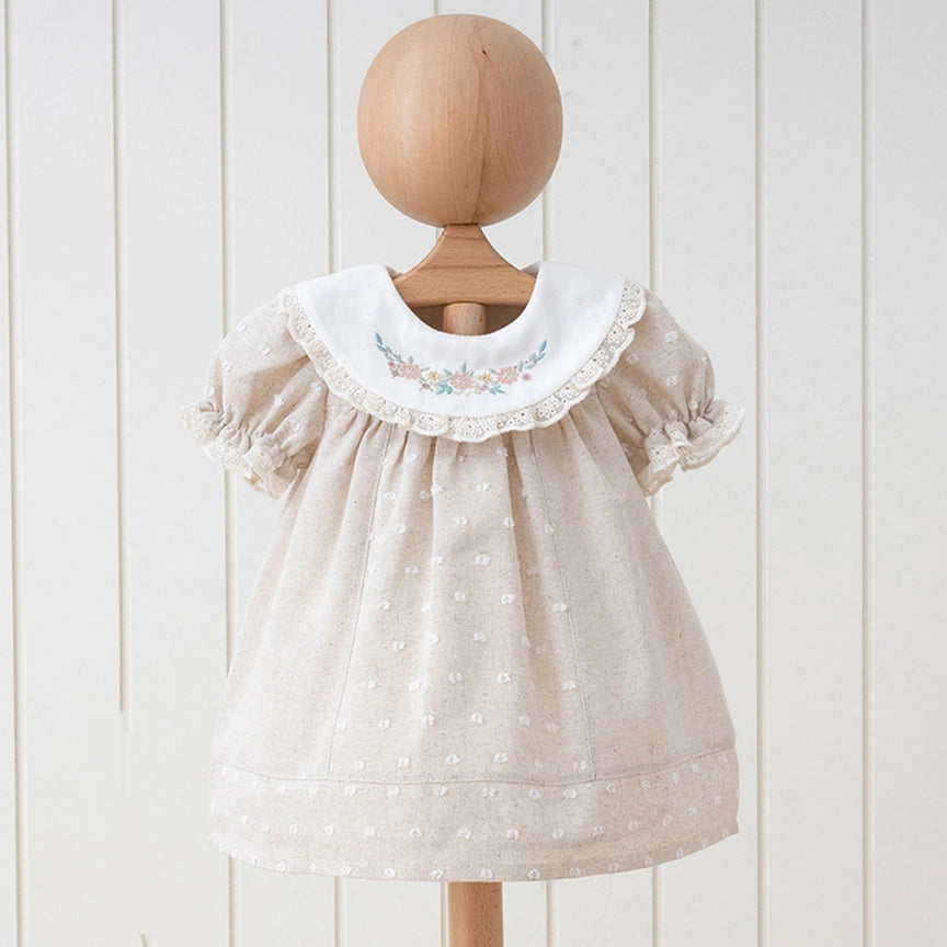 Girl Natural Balloon Arm Linen Dress with Embrodried Collar