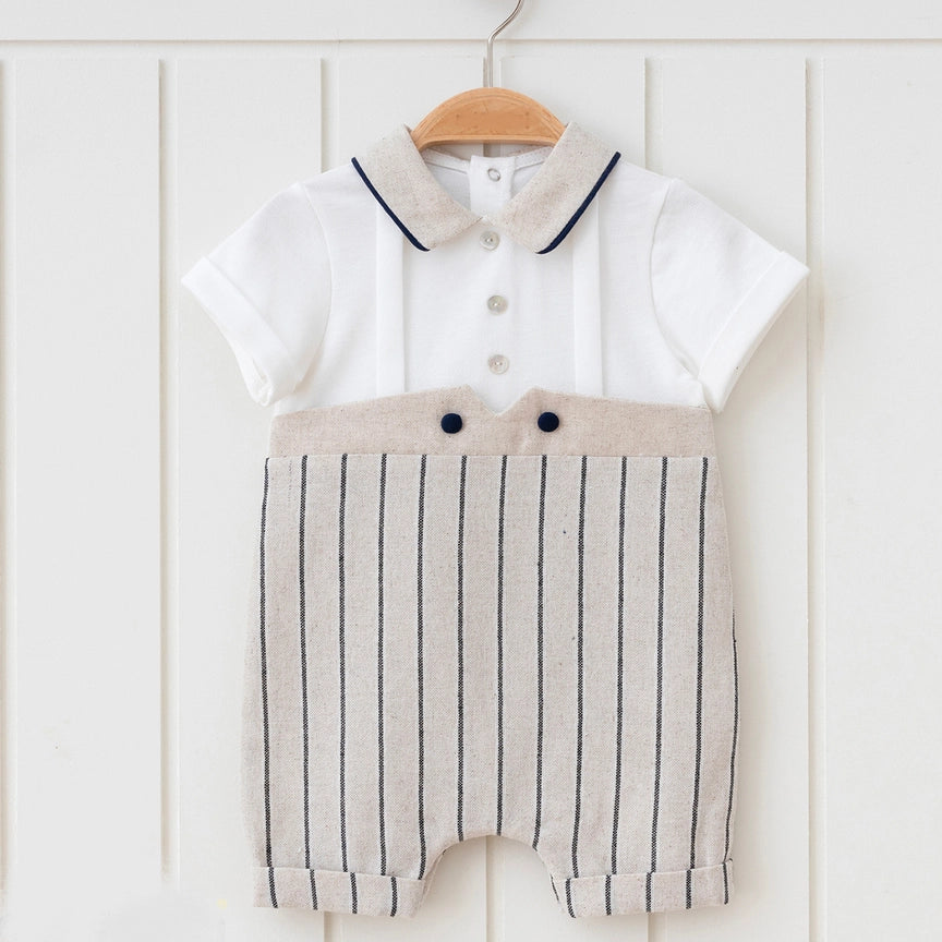 Natural Linen Elegant Striped Salopet Style Boy Romper